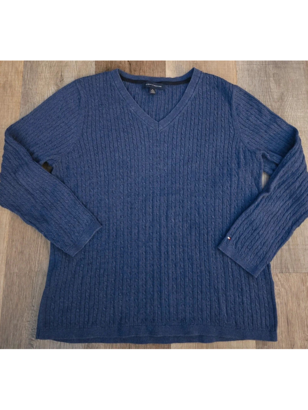 Tommy Hilfiger Blue Cable Knit V-Neck Sweater Size XL 100% Cotton